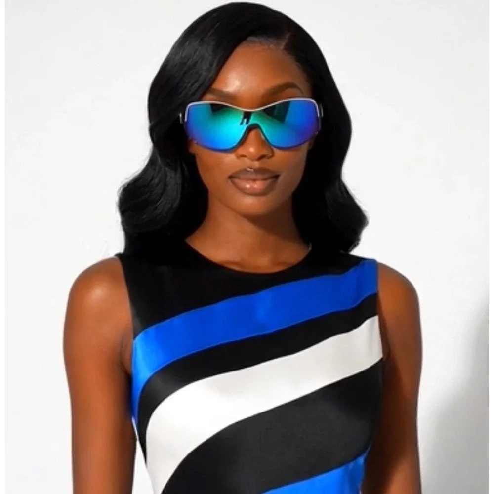Women Shield Sunglasses Blue Mirrored Black White‎ Wraparound Frame Lentes Gafas
